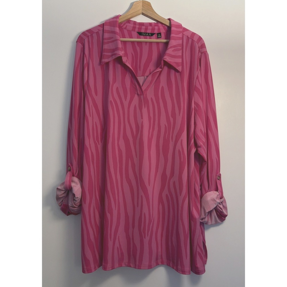 IMAN Pink‎ Zebra Print Collared Long Sleeve Slinky Blouse 2X Roll Tab Sleeves